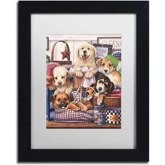 Trademark Fine Art 'Suds and Pups' Canvas Art by Jenny Newland, White Matte, Black Frame
