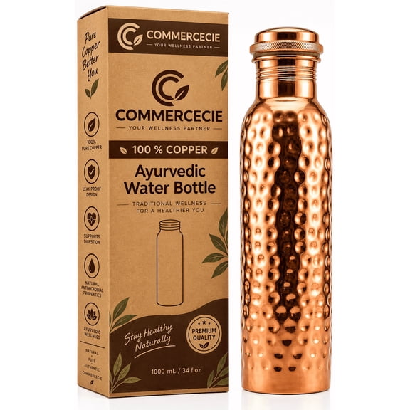 Commercecie 100% Pure Copper Water Bottle, 1000 mL (34 oz), Hammered Design with Leak-Proof Lid