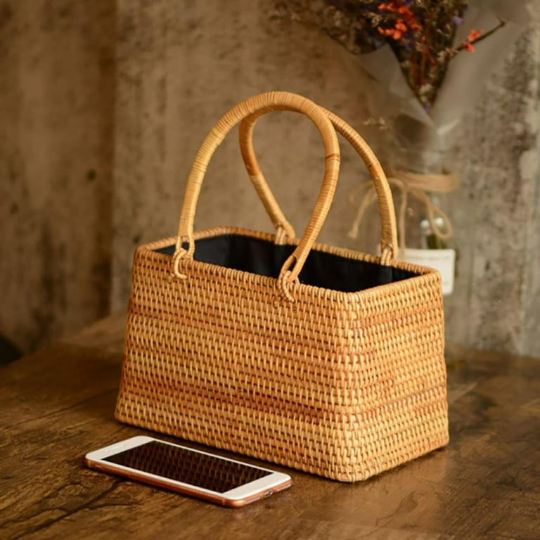 Natural Hand-woven Rectangular Wicker Handbag Basket Beach Bag