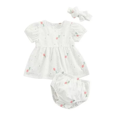 

StylesILove Infant Baby Girls Eyelet Flower Embroidered Dress Bloomers and Headband 3pcs Outfit Princess Girl Short Sleeve White Cotton Dress (6-12 Months)