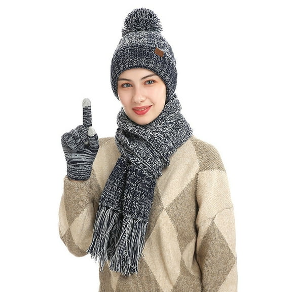 PMVFHDE Winter Solid Color Hat Casual Style Knit Wool Cap Thickened Warm Scarf Touchscreen Gloves Three-Piece Warm Set Navy