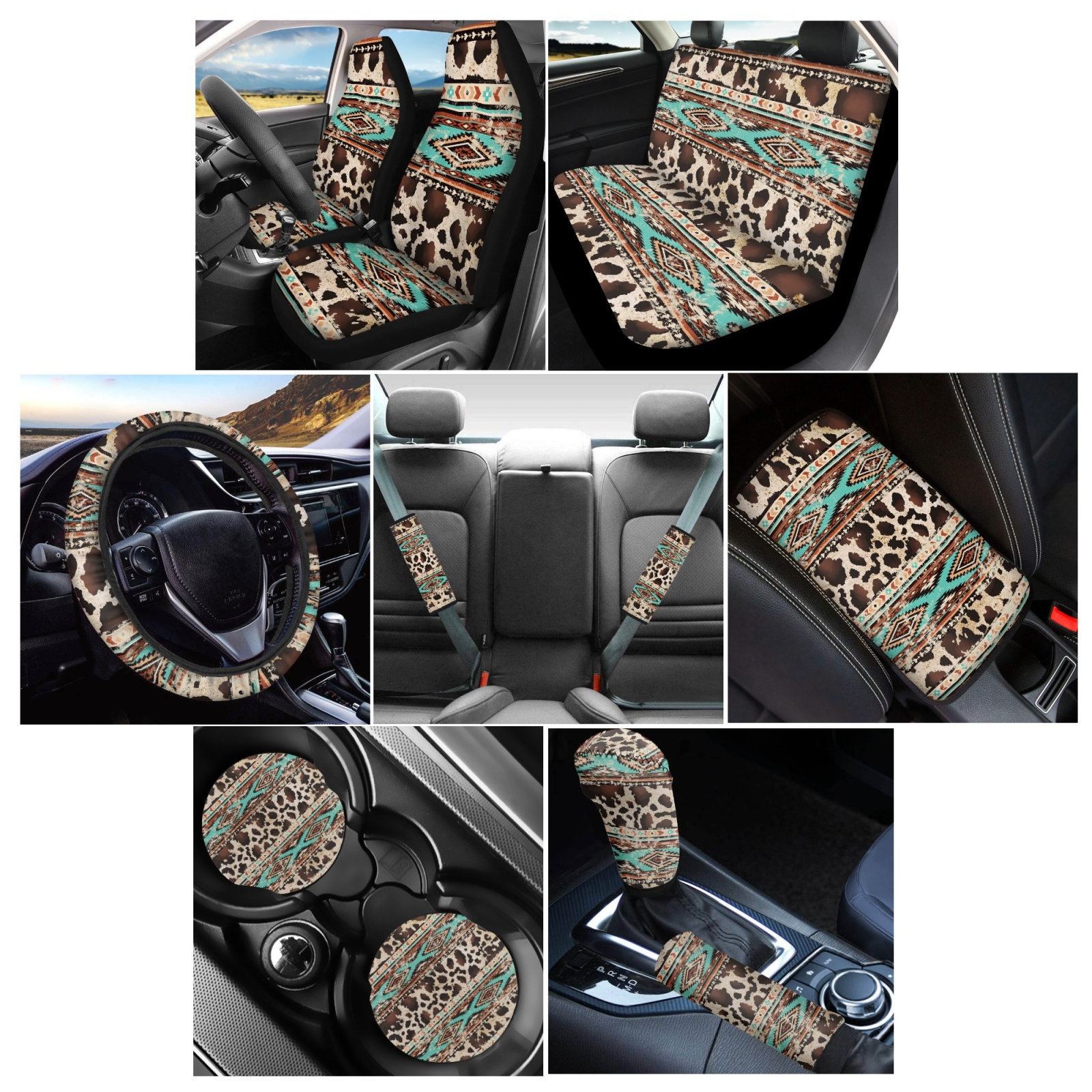 Renewold American Tribal Cow Print Retro Car Accessories Set 12 PCS, with Steering Wheel Cover Seat Belt Pad Armrest Cover Coasters Handbrake Gear Shift Cover Universal Fit for Most Vehicles