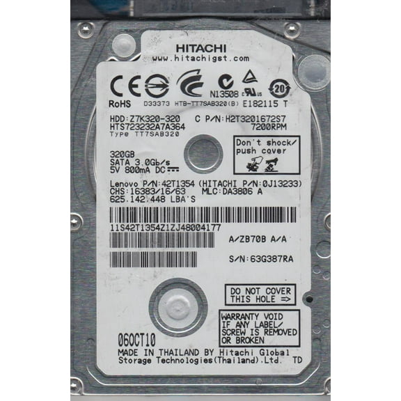 HTS723232A7A364, PN 0J13233, MLC DA3806, Hitachi 320GB SATA 2.5 Hard Drive