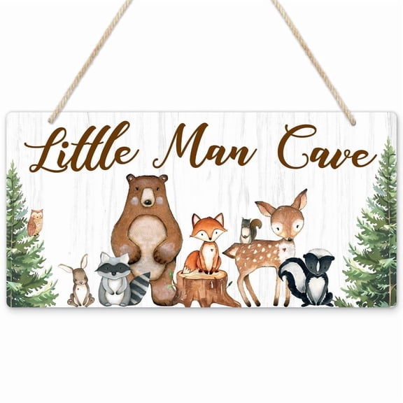 Uflashmi Wood Liitle Man Cave Sign, Woodland Animal Nursery Wall Decor for Baby Boys Room, Woodland Theme Nursey Room Decor for Toddler Boy, 12”x6”
