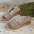 thumbnail image 5 of Womens Platform Wedge Sandals Glitter Pearl Sequin Band Wedges Heels Casual Slip on Dressy Shoes Summer Open Toe Slides Gold Size 9.5, 5 of 8