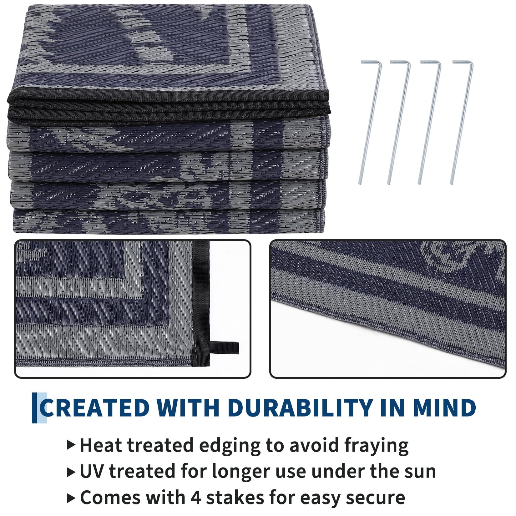 Garvee Outdoor Rug 8x10ft Waterproof Reversible Foldable Plastic Straw Rug, Tropical Leaf Border Outdoor Mat for Patio, Camping, RV, Deck, Porch, Balcony, Black Blue