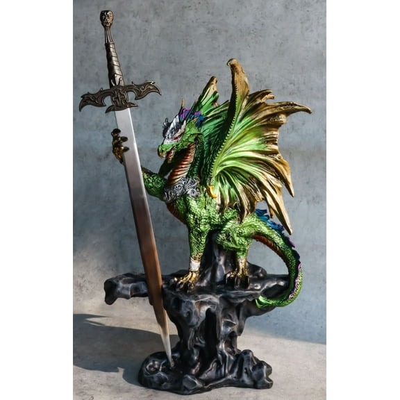Green Knight Armored Rune Dragon With Gothic Skull Sword Letter Opener Figurine