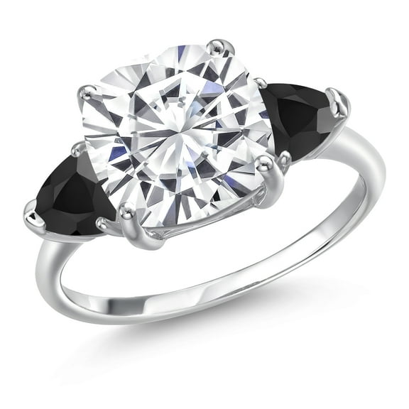 Gem Stone King 10K White Gold White Moissanite and Black Onyx Engagement Ring for Women | 5.72 Cttw | Cushion 10MM | Gemstone Birthstone | Size 5