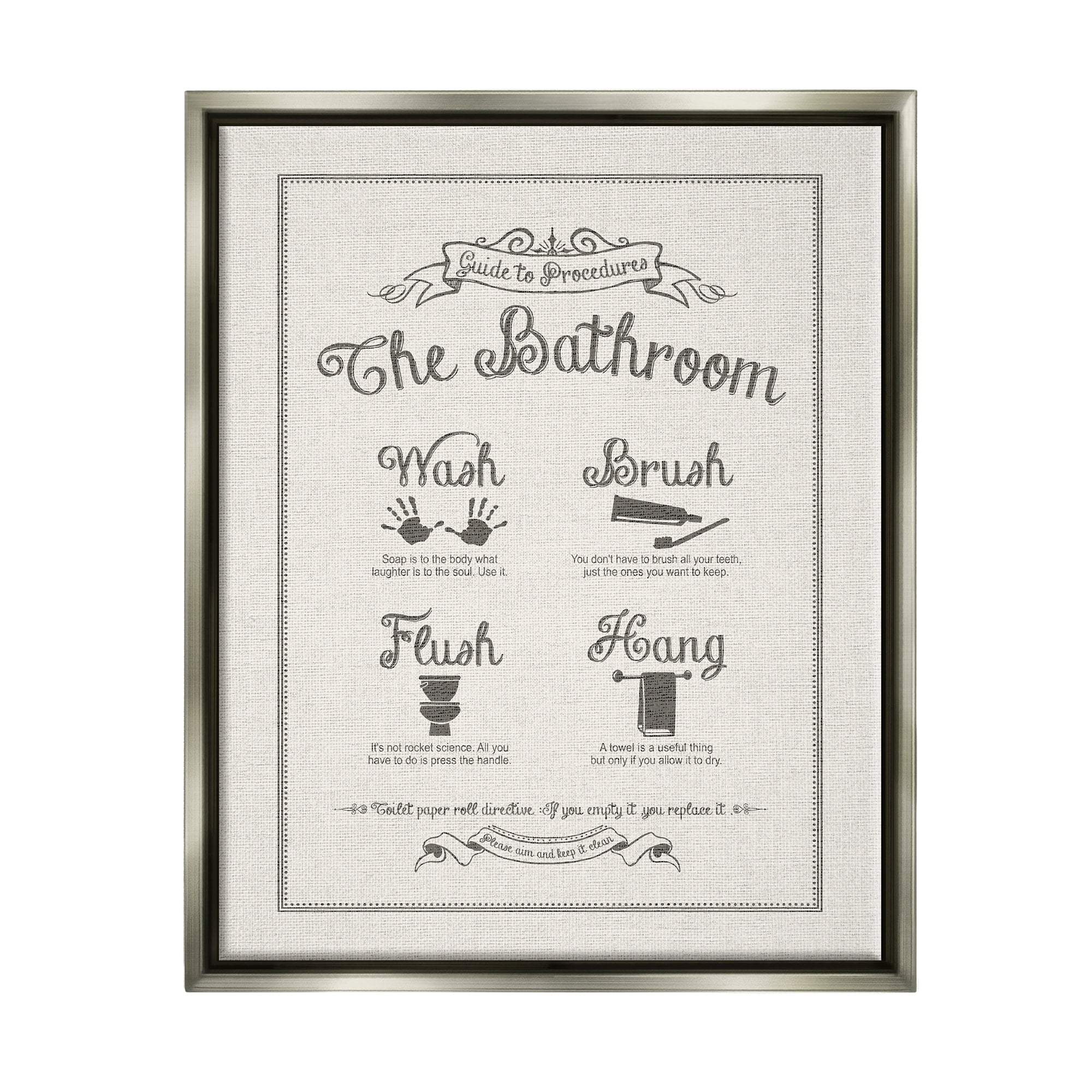 Stupell Industries Guide To Bathroom Procedures Linen Look Jet Black Framed Floating Canvas Wall Art, 24x30, by Lettered and Lined