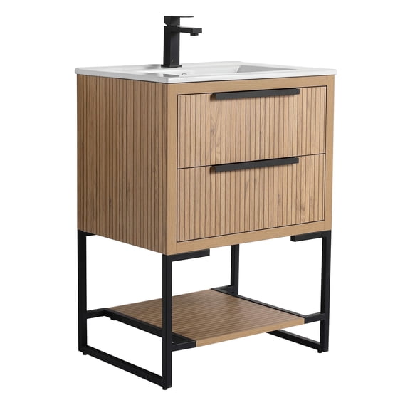 Kingsford Grooved-Look Bathroom Vanity in Bright Oak with White Ceramic Sink - 24"