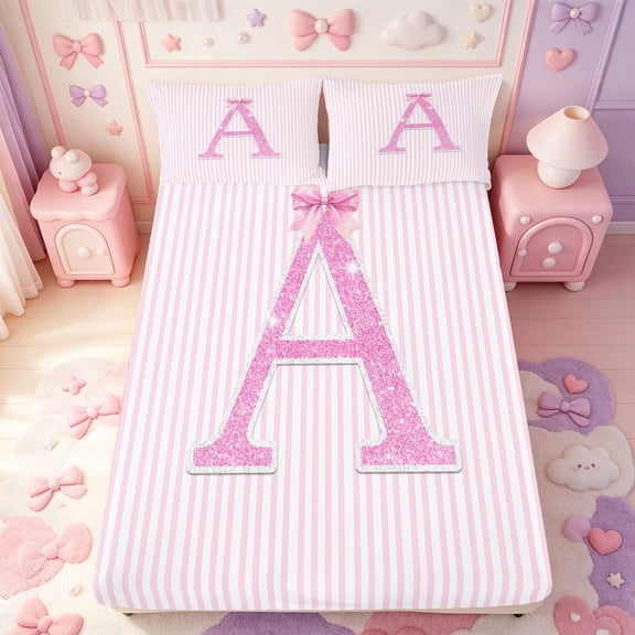 Manfei Pink Bling Letter A Print Fitted Sheet Full,Minimalist Geometric Lines Bed Set,3 Pieces,1 Fitted Sheet and 2 Pillowcases