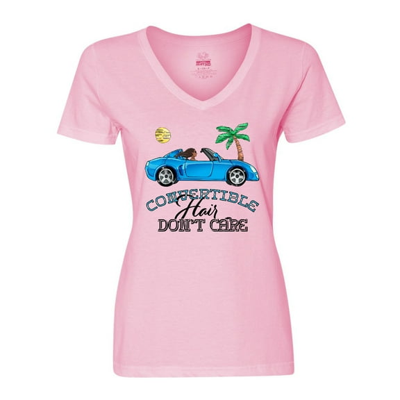 Inktastic Convertible Hair Don't Care with Black Hair and Blue Car Women's V-Neck T-Shirt
