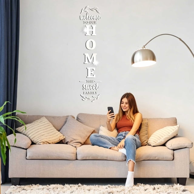Acrylic Mirror Wall Sticker Home Welcome Sign with Olive Branch Decal | Soft Reflective Sheet for Living Room Entryway | Adhesive Mirror Art for Hallway Wall Decor