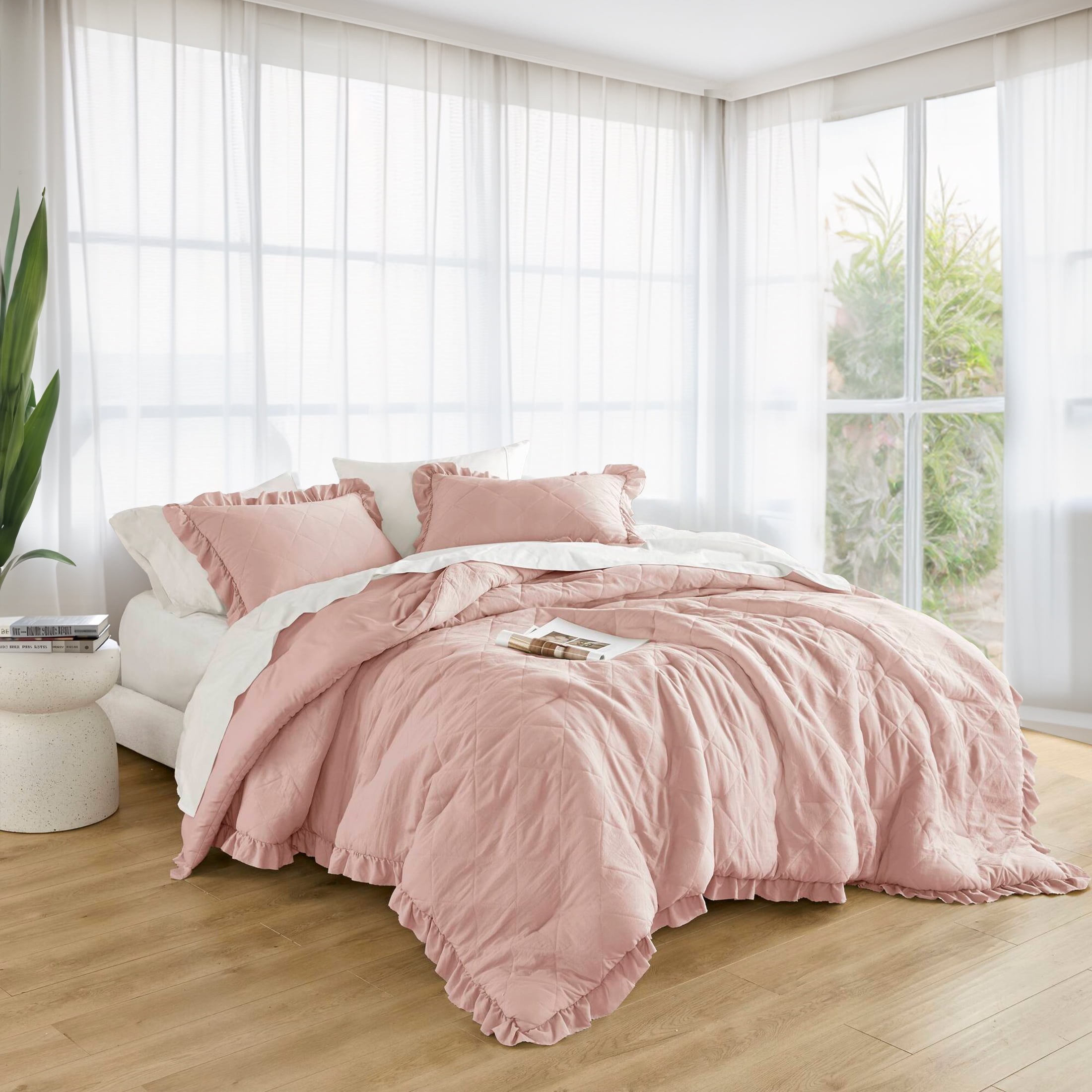 Regency Heights King/Cal King Comforter Set Pink, 3 Pieces Quilted Ruffle Comforters King/Cal King Size, Solid Bedding Comforters Sets, Gift for Women