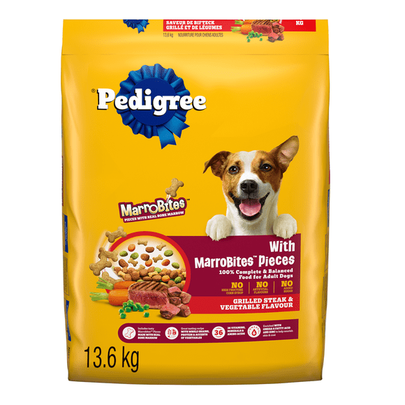 Nourriture sèche pour chiens adultes PEDIGREE avec bouchées Marrobites saveur de bifteck grillé et de légumes, sac de 13,6 kg