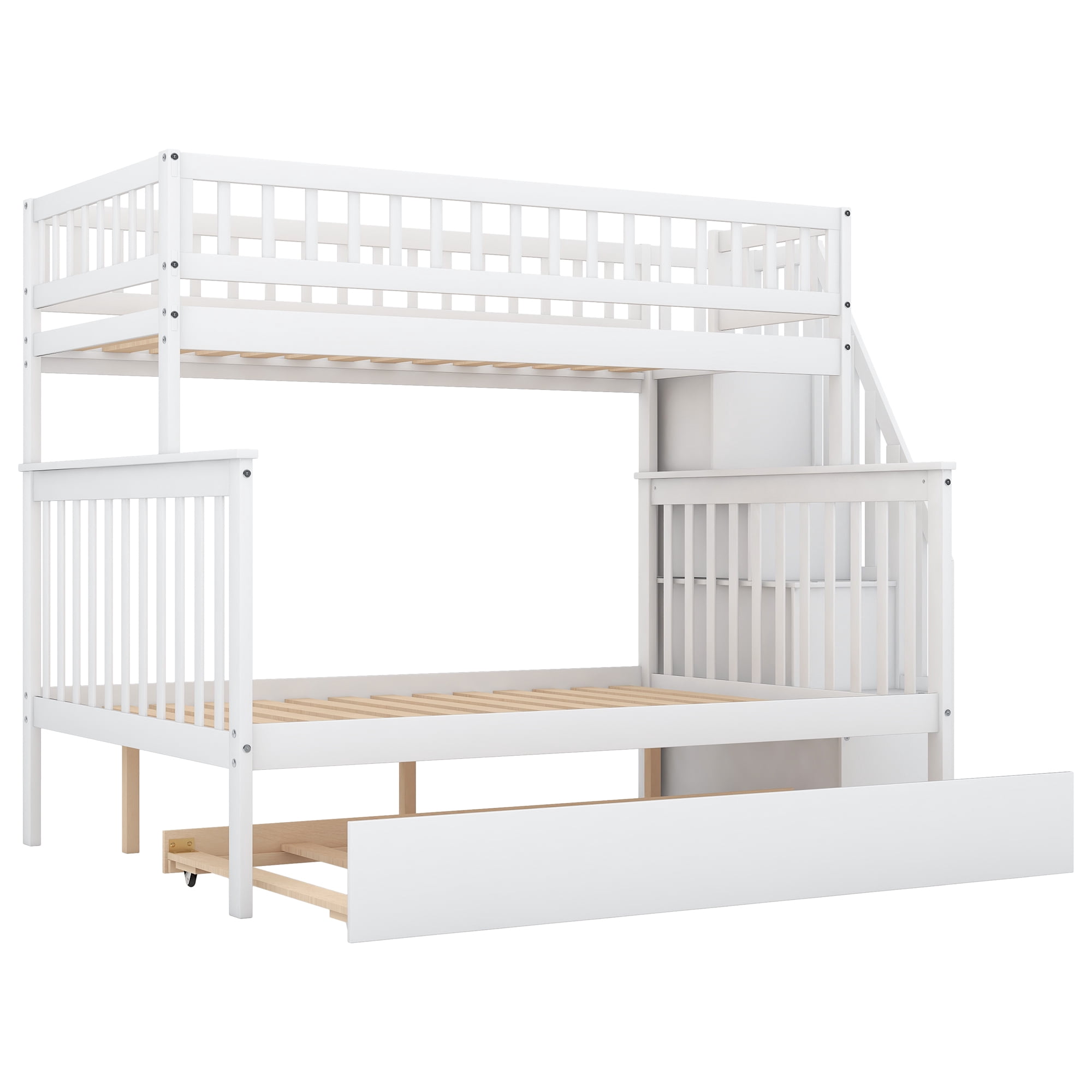 EUROCO Twin over Full Bunk Bed with Twin Trundle Bed and Storage Shelves for Kids, Three Beds with Storage for Kids Teens Adults, White