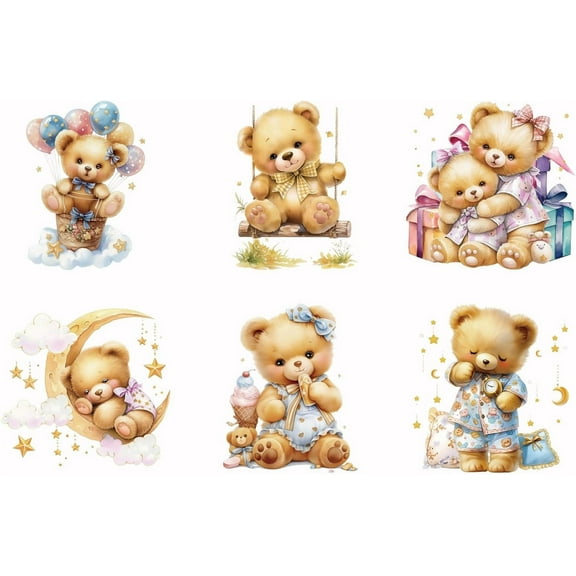 6PCS Baby Bear Iron on Transfer Paper Cartoon Bears DIY Heat Transfer Sticker Washable Iron-on Decals forT Shirts DTF Transfers Ready to Press