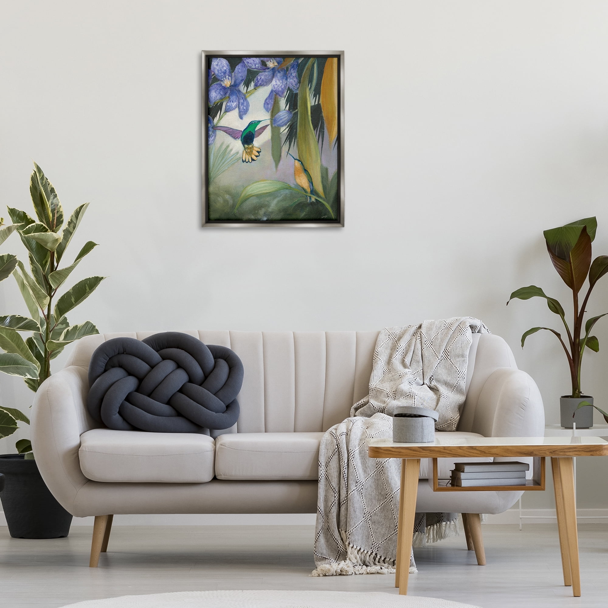 Stupell Industries Hummingbirds in Nature Landscape Painting Gray Floater Framed Canvas Art Print Wall Art, 25 x 31