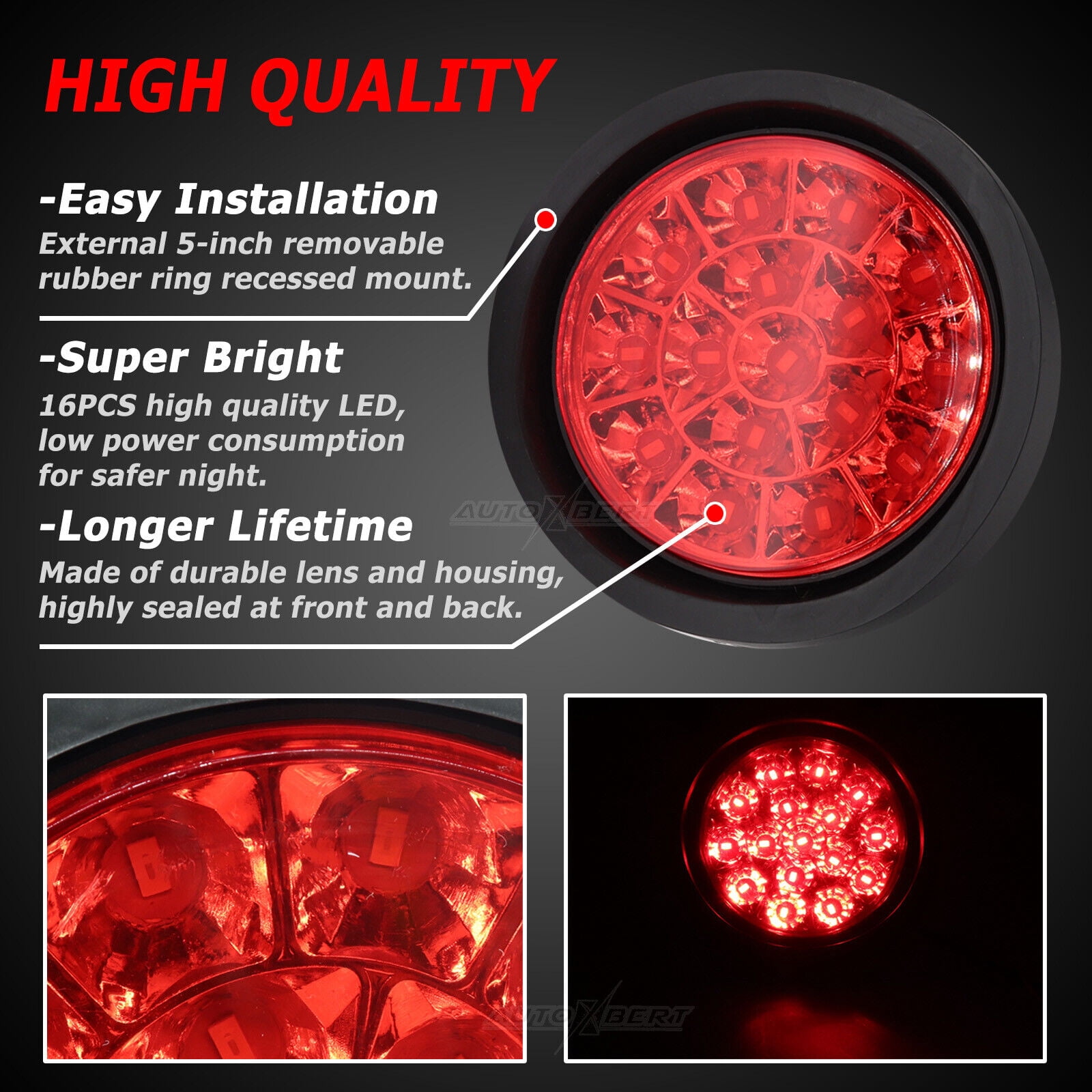 Yiyasu 2X Red 4 inch Round 16 LED Trailer Tail Lights Truck Stop Brake Lamp Waterproof  ABS Rubber
