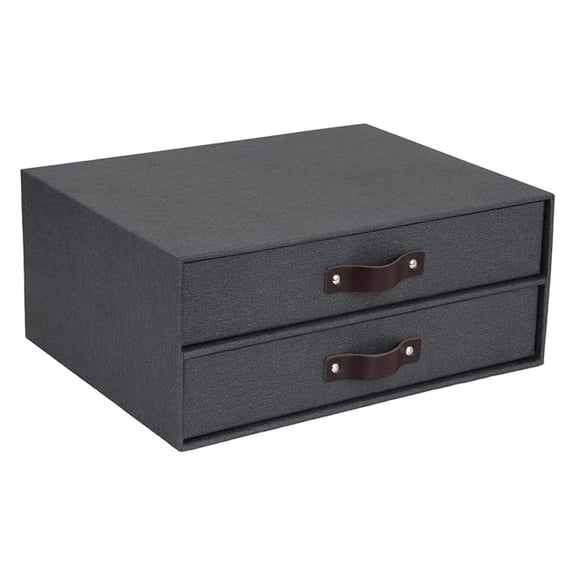 Bigso Birger 2-Drawer Canvas Fiberboard Easy Pull Handle Box - Desktop Drawers for A4 and Letter Size Papers - Desk Drawers with Leather Handle - 13.1in x 10in x 5.7in - Black