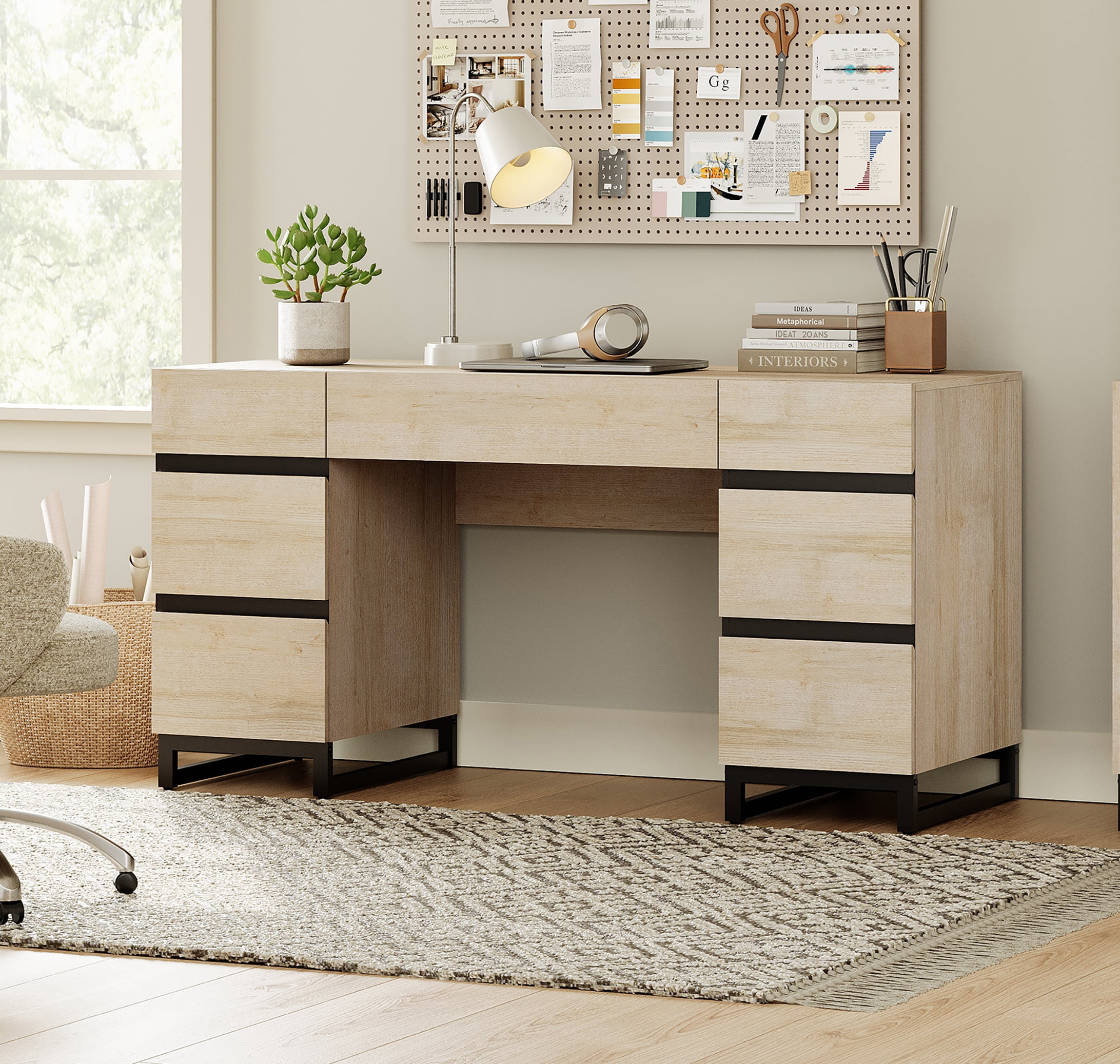 59 Inch Modern Executive Desk, Rustic Wood Computer Desk with 7 Drawers and Built-in Charging Station, Multipurpose Study Work Table for Home Office, Bedroom & Living Room, Beige