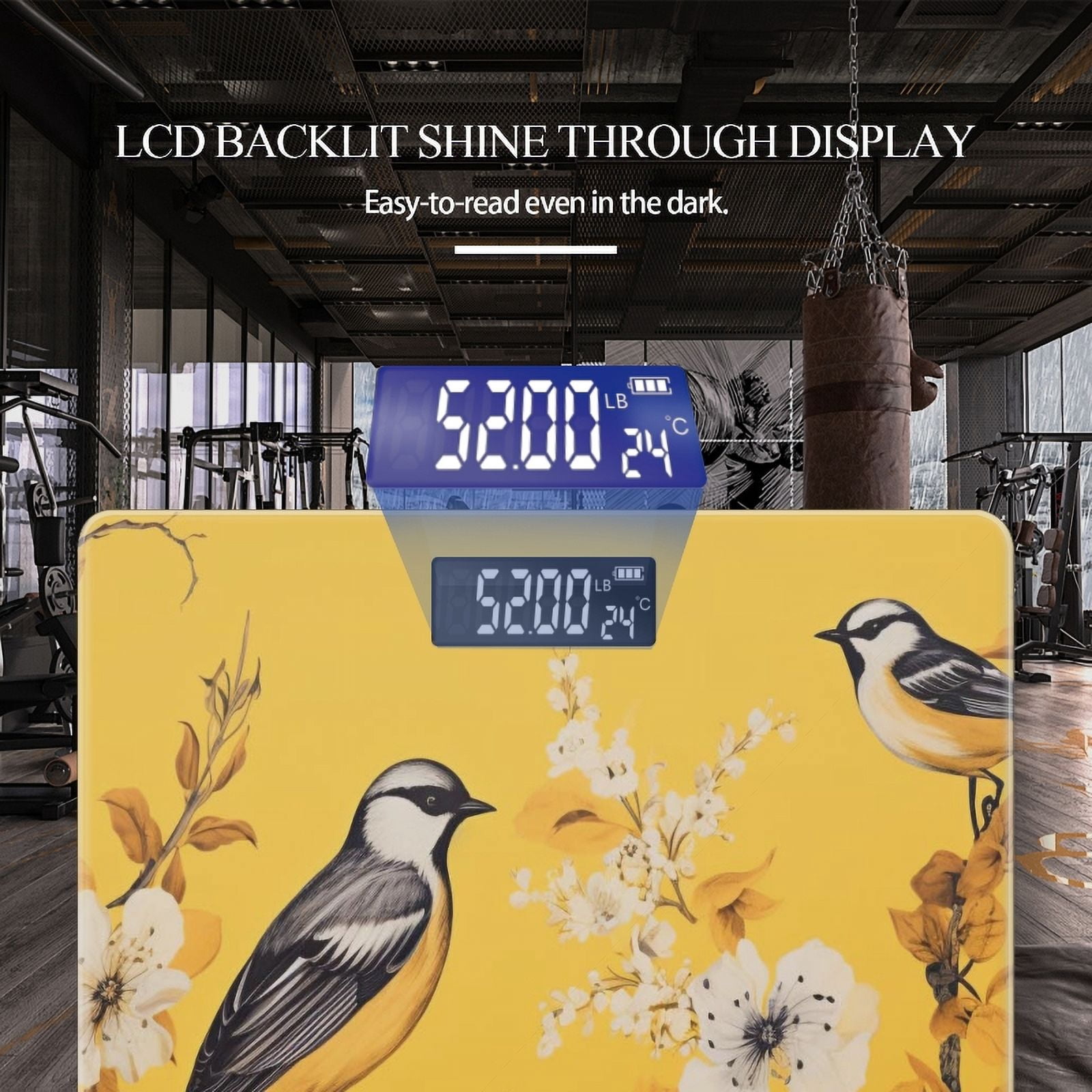 High Precision Body Weight Scale Smart Bathroom Scales with Large LCD Display(400lbs),Decorative for Bedroom-Birds And Flowers On Yellow Background