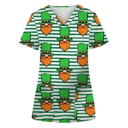 

PEONAVET St. Patrick s Day Scrub Tops Women s Fashion St. Patrick s Day Printed V-neck Short Sleeve Pocket Workwear Top - Savings Clearance