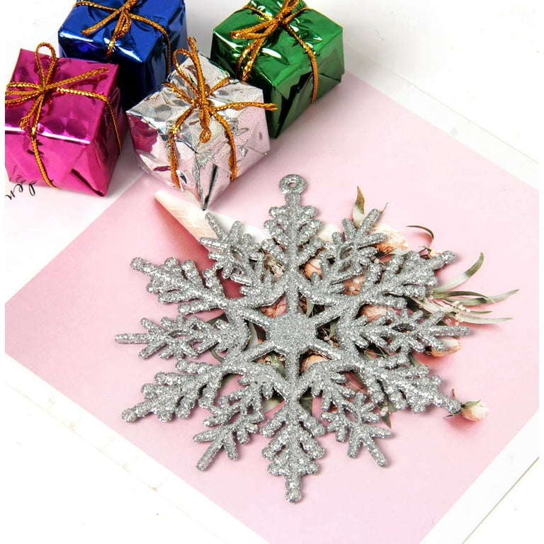 36 Pack Silver Snowflake Ornaments Plastic Glitter Snow Flakes Ornaments  for Winter Christmas Tree Decorations Size Varies Craft Snowflakes 