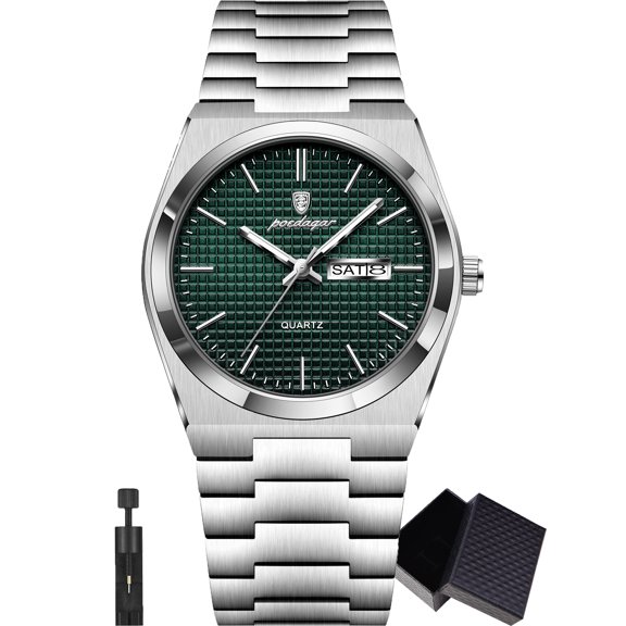 POEDAGAR Business Men's Stainless Steel Waterproof Luminous Quartz Watches with Dual Calendar Display