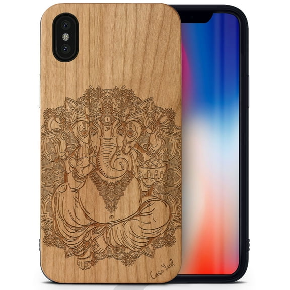 Case Yard Wooden Case Outside Soft TPU Silicone, Slim Fit Shockproof Wood Protective Phone Cover for Girls Boys Men and Women, Supports Wireless Charging Elephant God Design case for iPhone-XS-Max