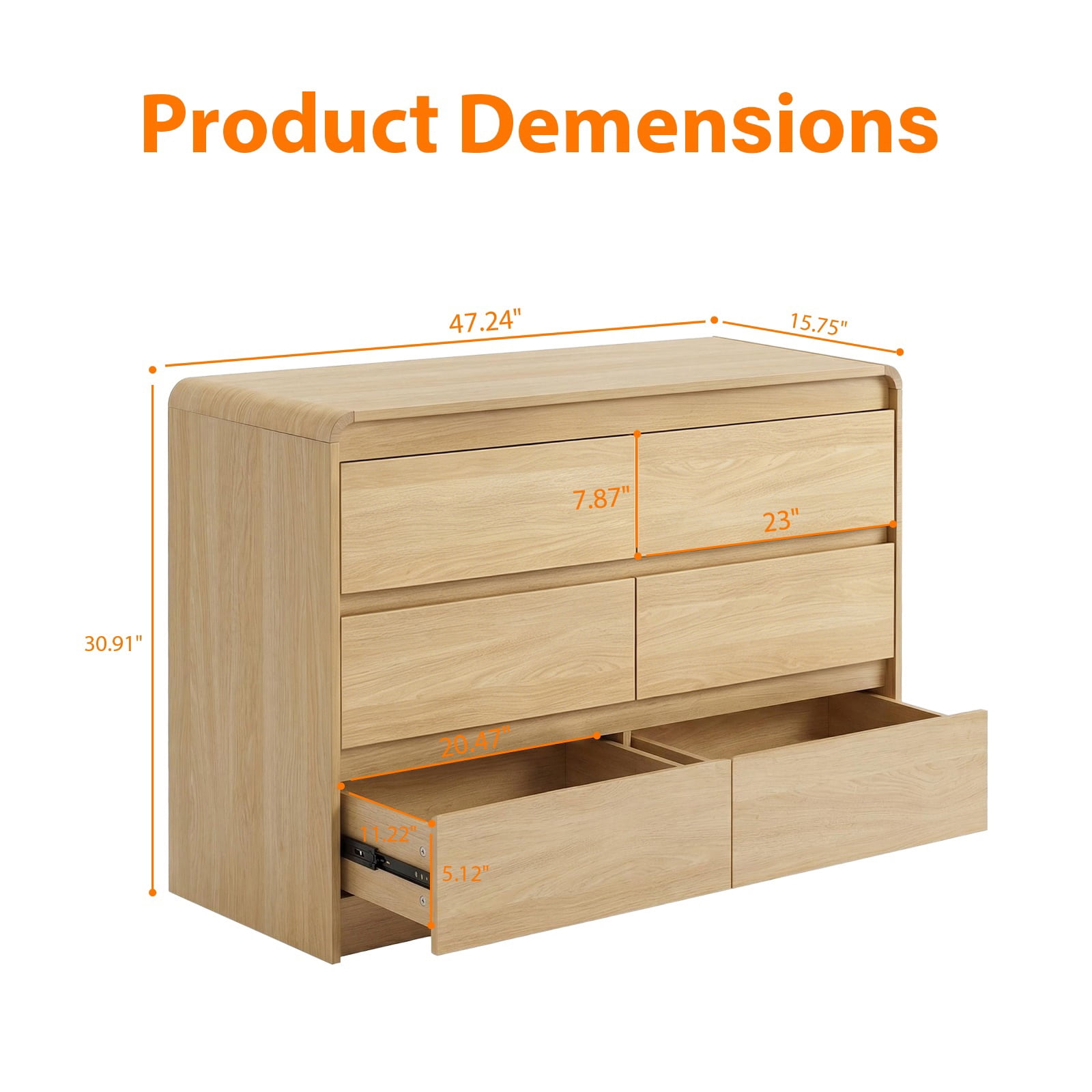 Hommoo Modern 6 Drawers Dresser for Bedroom with Spacious Countertop, Wooden Dressers Storage Cabinet with Concealed Handles & Rounded Corner Design, for Bedroom,Living Room, Natural