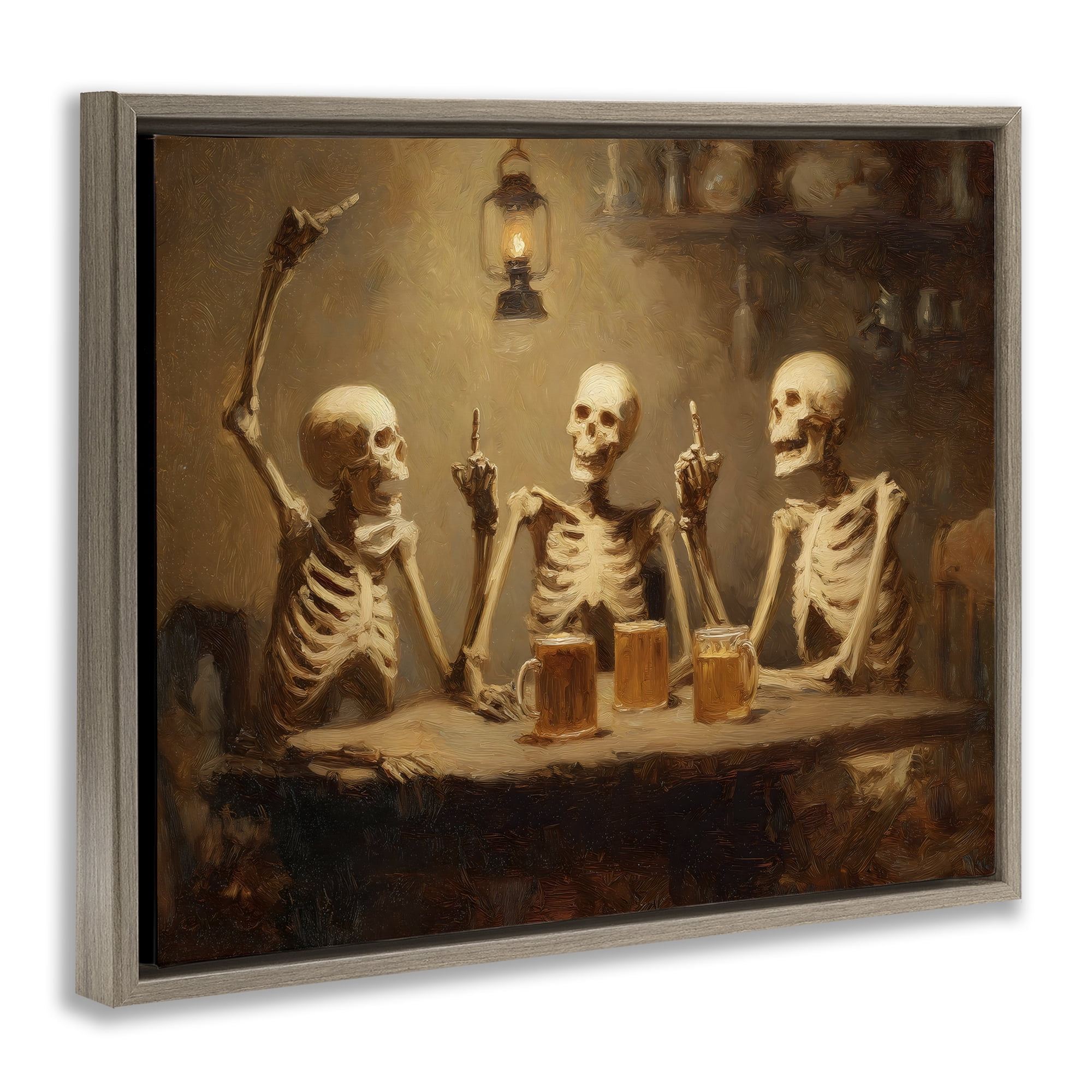 Skeletons Drinking at Tavern Brown Framed Floater Canvas Wall Art, design by Arlington Prints
