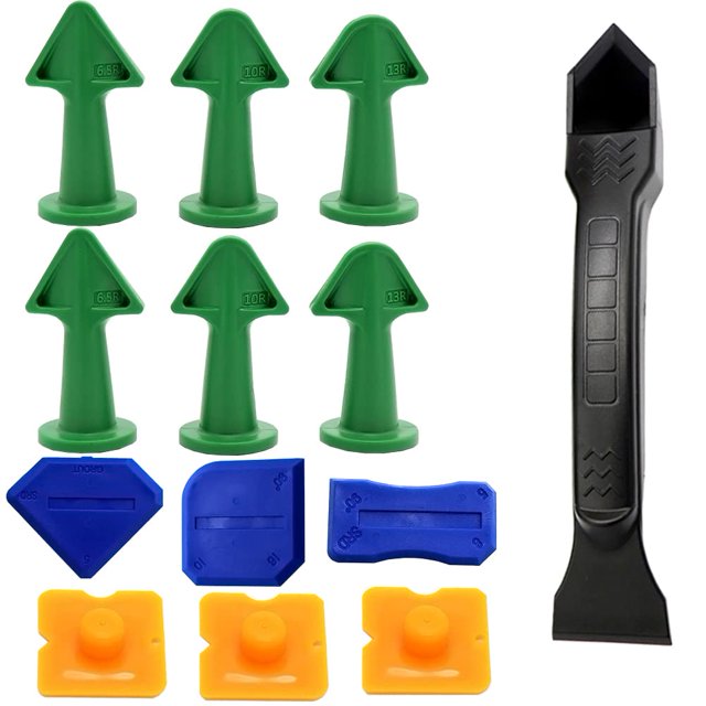 removedor de juntas de silicona junta de silicona herramientas de calafateo más suaves kit de herramientas de calafateo mortero alisador rascador removedor de juntas aplicador de acabado (13 piezas) Kit de 13 espátulas y raspadores en silicona y plástico (verde, azul, amarillo) con una herramienta negra de doble punta; incluye raspadores de esquina tipo flecha, perfiles planos y piezas con tope para alisar y limpiar selladores en cocina, baño y ventanas; también suelen usarse para alisar masilla en proyectos de bricolaje.