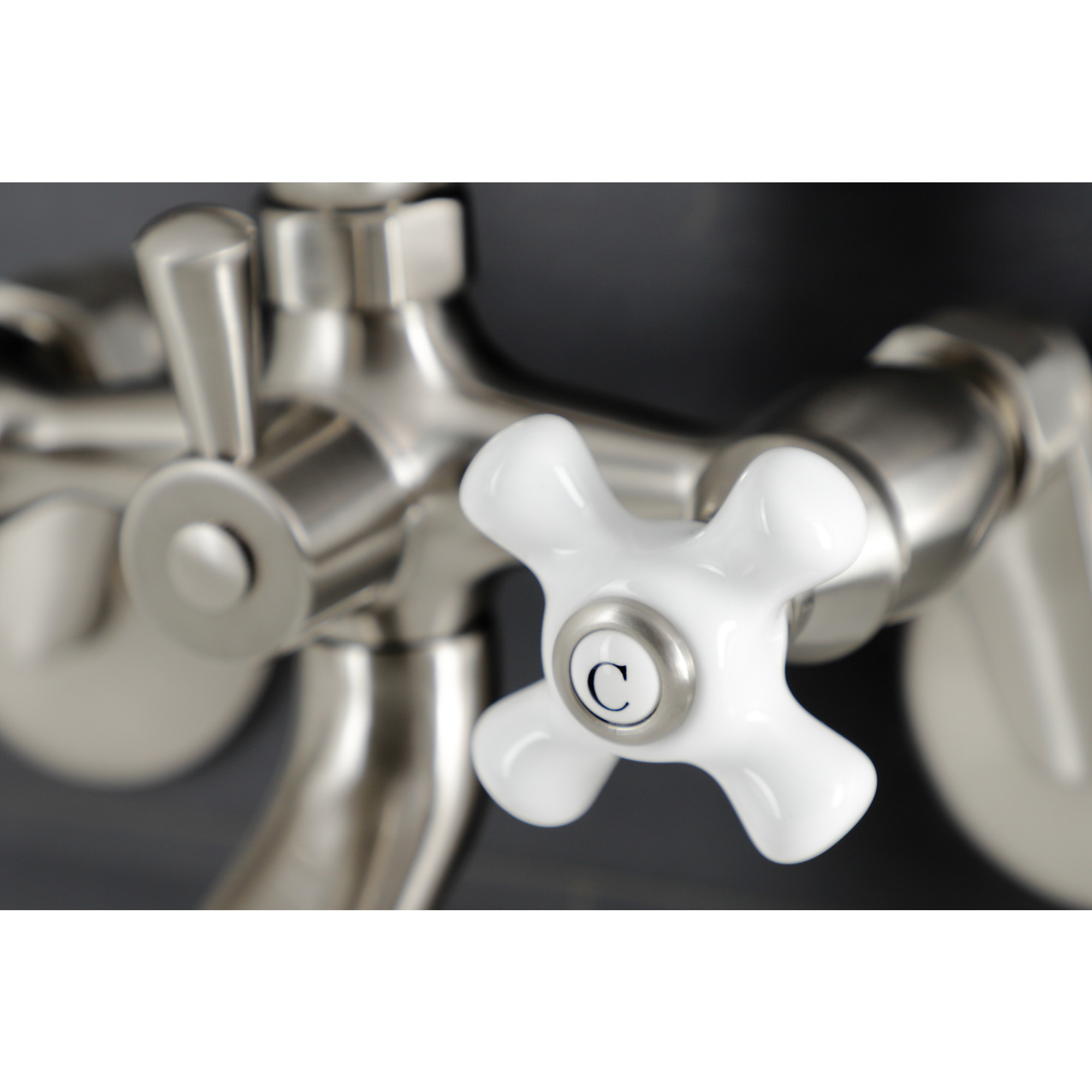 Kingston Brass KS266PXSN Kingston Three-Handle 2-Hole Wall Mount Clawfoot Tub Faucet with Hand Shower in Brushed Nickel
