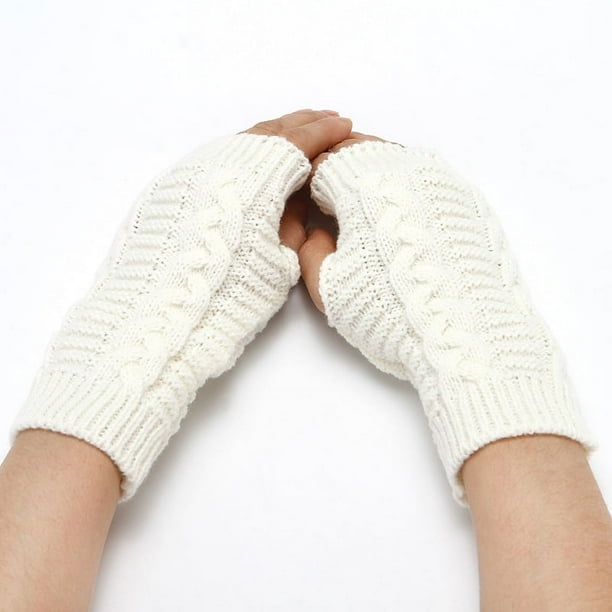 Guantes de punto de medio dedo para mujer, cálidos, de otoño e invierno, de lana acrílica, con dedos descubiertos, de color liso, cortos