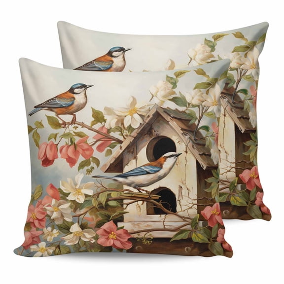 Pillow Covers 20x20 Set of 2, Spring Birdhouse Throw Pillow Covers Decorative Couch Cushion Cover, Red Floral Botanical Birds Vintage Microfiber Soft Square Pillowcases for Bedroom Living Room Sofa