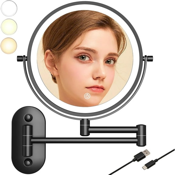 TUSHENGTU 8" Wall Mount Makeup Mirror with 1X/10X Magnification & 3 Color Lighting Modes - Adjustable