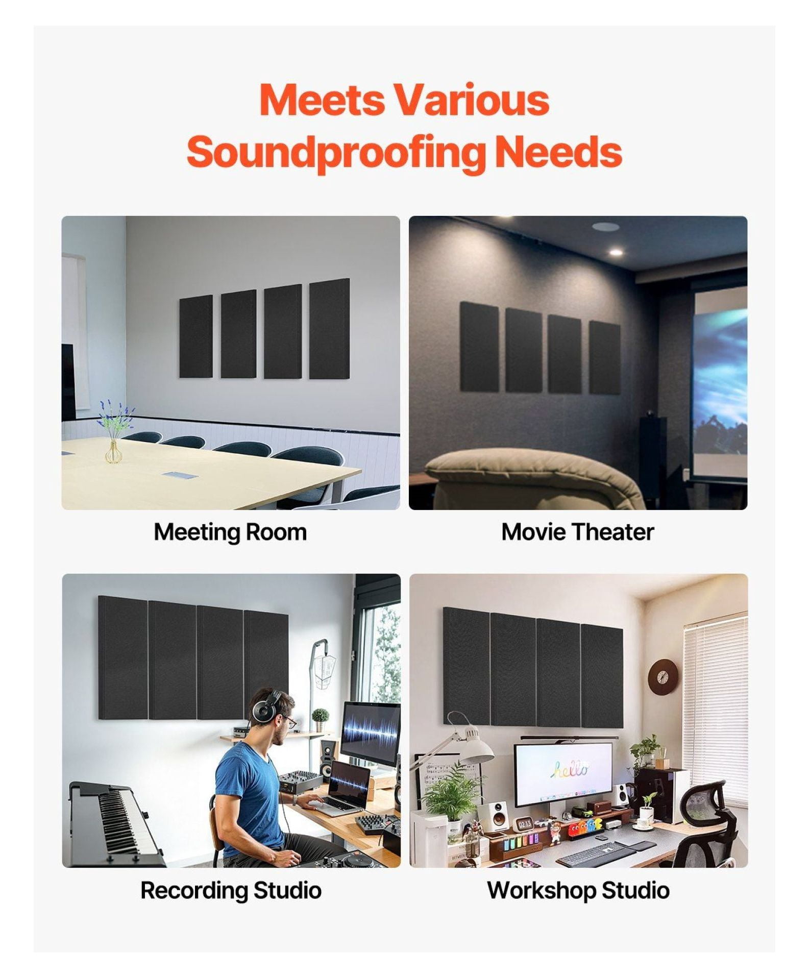 Acoustic Panels 4-Pack, 2 inch Thick, Sound Absorbing Panels - 23.6x11.8 inch Fiberglass Wall Panels, Self-Adhesive, for Studio, Home Theater, Office