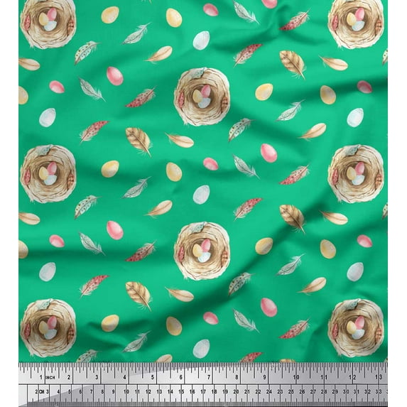 Soimoi Green Cotton Duck Fabric Nest & Feather Print Sewing Fabric Yard 56 Inch Wide