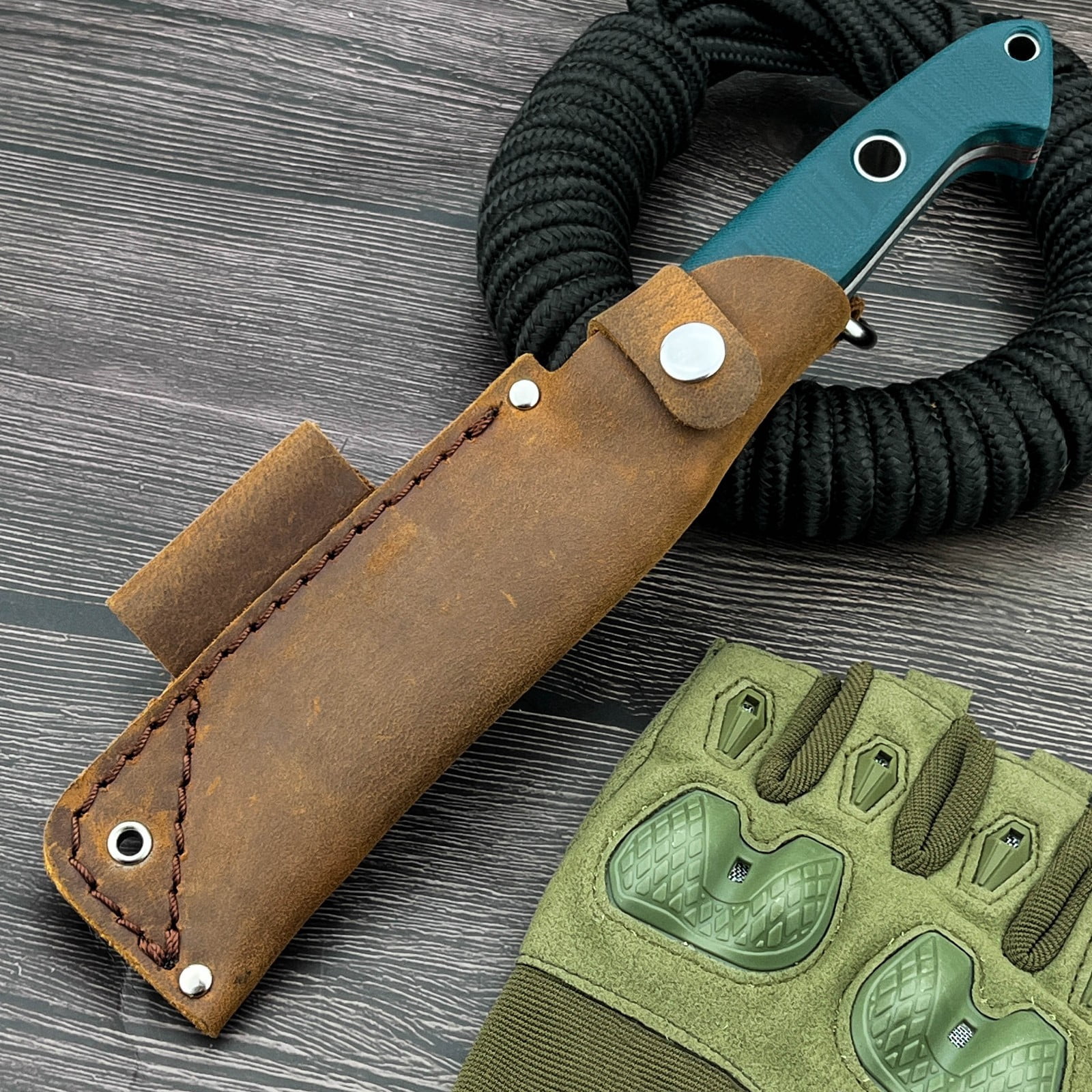 9.06'' Full-Tang D2 Steel Fixed Blade Knife, Teal G10 Handle & Leather Sheath for Camping Hiking