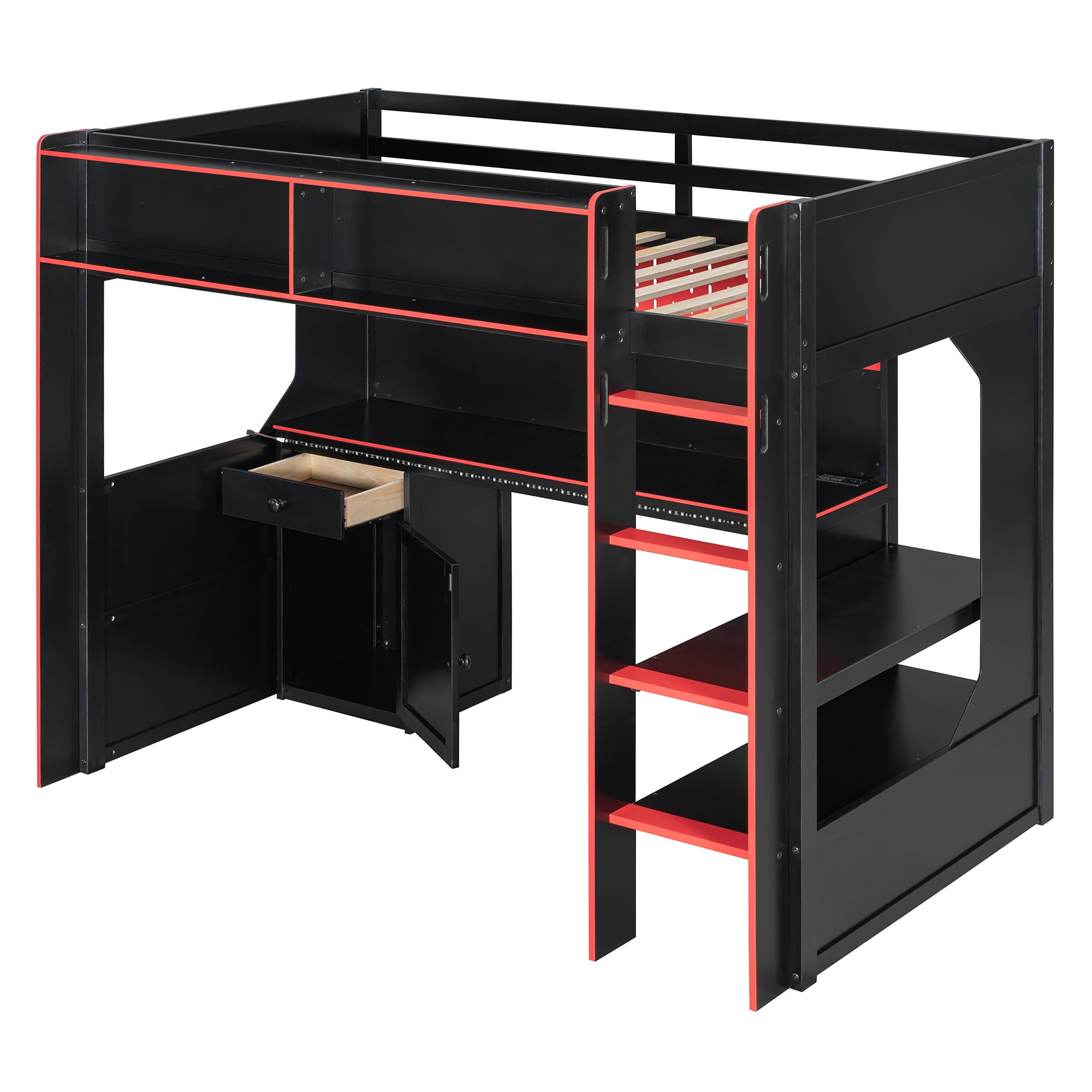 Mintazer Twin Size Gaming Loft Bed with Desk & LED Lights, Modern Bed Frame with Storage Shelves & Pegboard and Charging Station for Dorm Bedroom Apartment, Black & Red