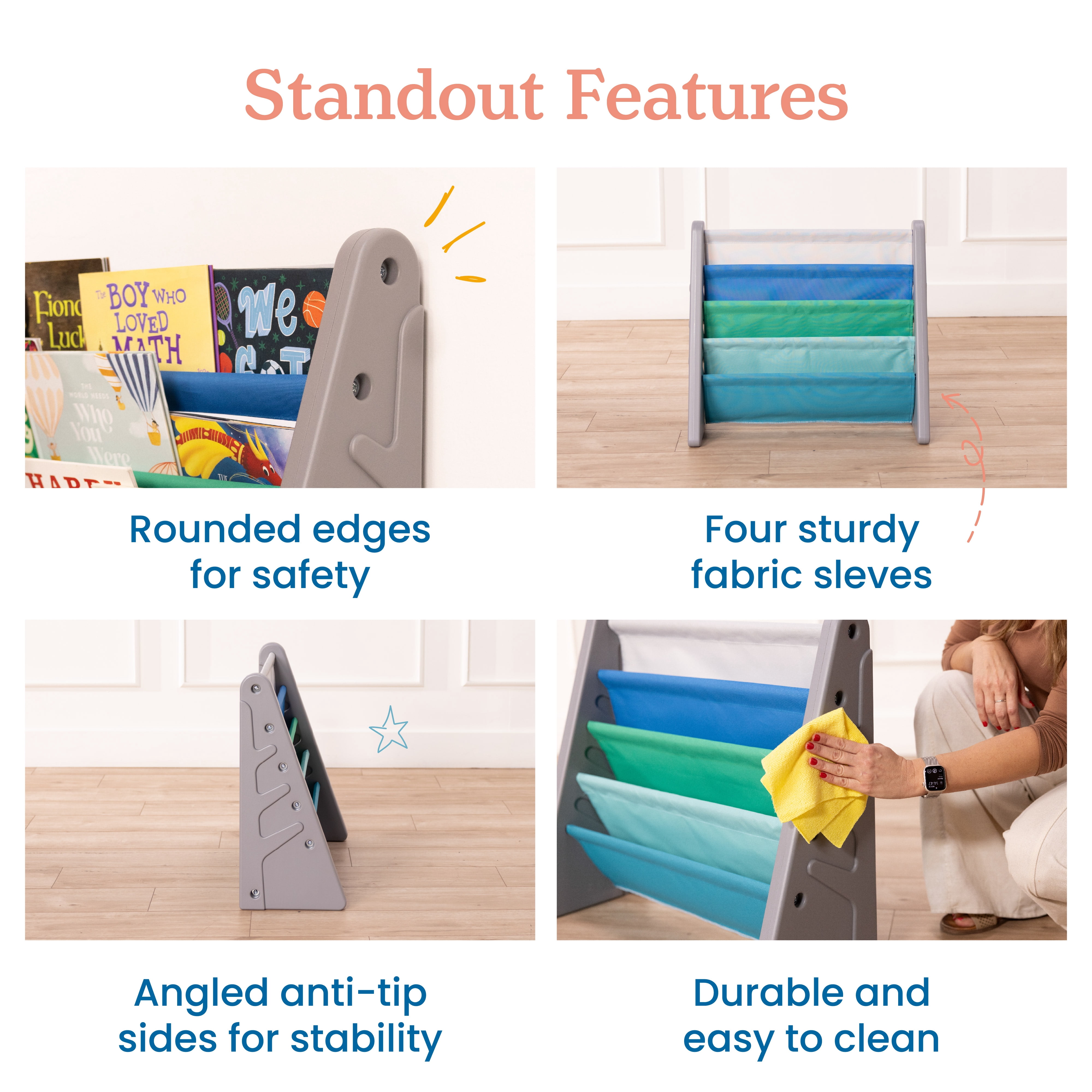 ECR4Kids 4-Tier Sling Book Display with Deep Fabric Pockets, Contemporary