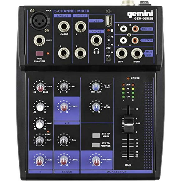 Mezcladora GEMINI GEM-05USB Bluetooth 5 Ch USB 2 Bandas Mezclador de 5 Canales Analógico Premium de Ruido Ultrabajo