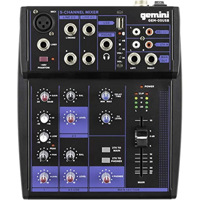 Mezcladora GEMINI GEM-05USB Bluetooth 5 Ch USB 2 Bandas Mezclador de 5 Canales Analógico Premium de Ruido Ultrabajo
