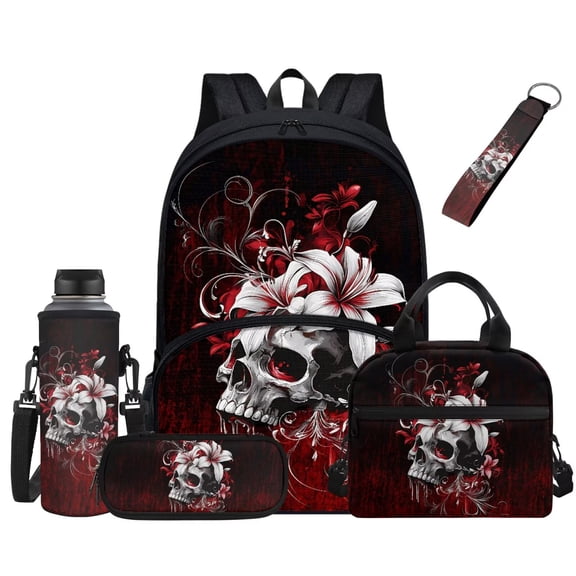 Chririnla Gothic Skull Girls Backpack for Kids 8-12 Lily Flower Red Bookbag with Lunch Box and Water Bottle Pencil Holder Casual School Book Bag for High Elementary School Boys 17 Inch Backpack 5PCS