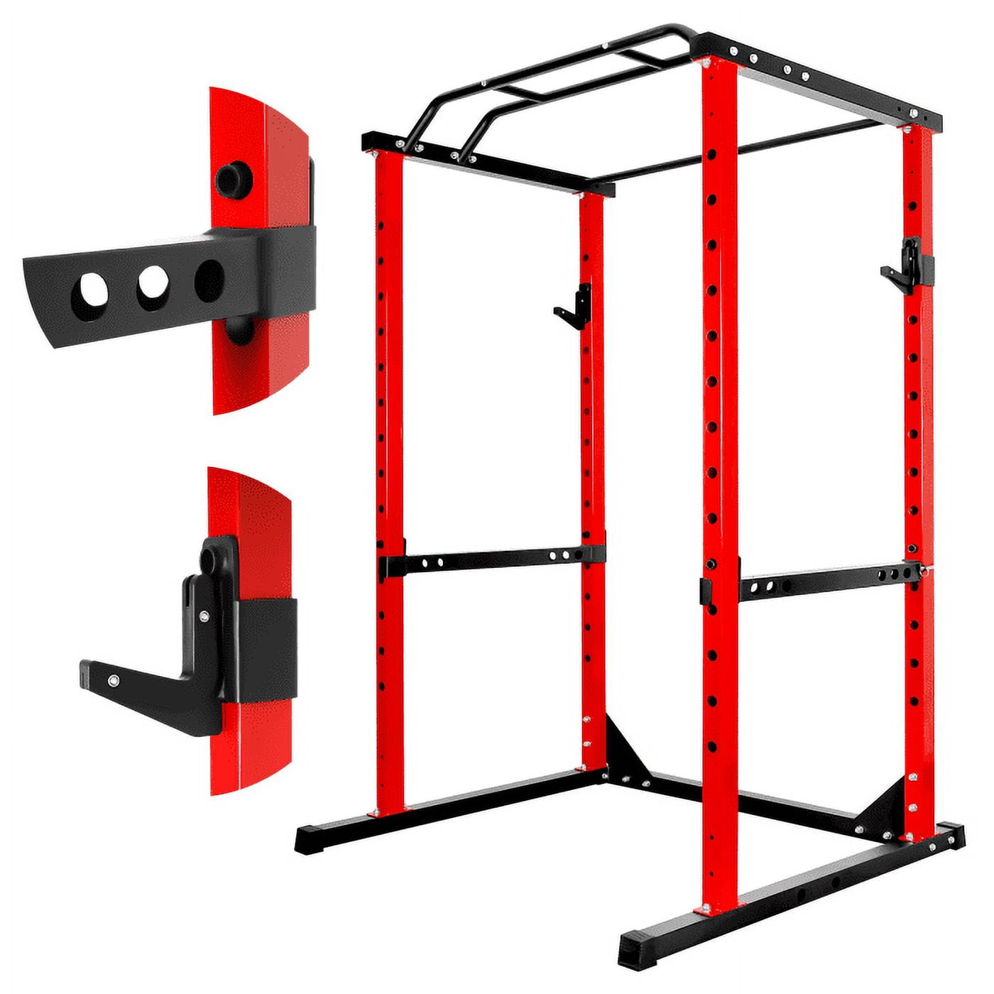Red Power Cage, 44.3" (L) × 45.6" (W) × 81.5" (H), Pre-Installed Easy Setup, Space-Saving, High-Strength Steel, Squat Stand, Home Garage, Apartment, Studio Gym