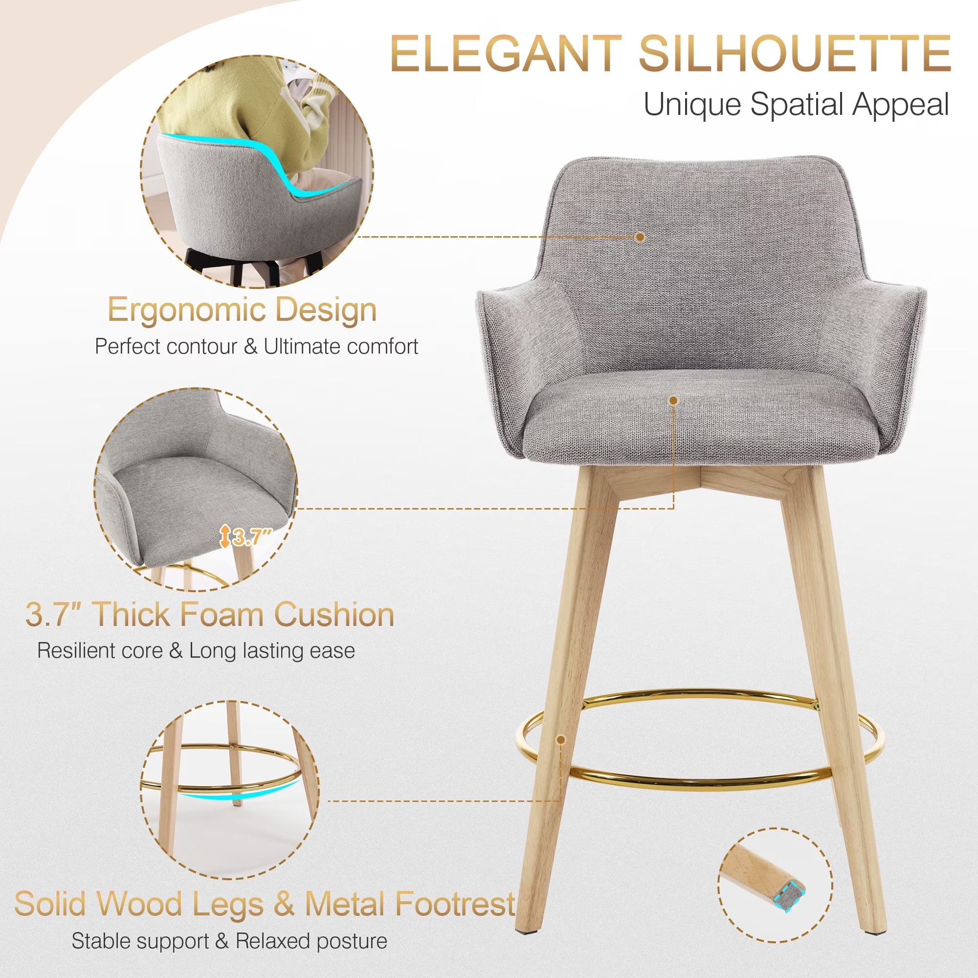 Zesthouse 26.6" Modern Bar Stools Counter Height, Swivel Single Bar Stool for Kitchen Island, Upholstered Linen Barstools with Barrel Back, Arms and Solid Wood Legs, Gray