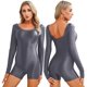 thumbnail image 3 of Traje de baño brillante para mujer, mono de color sólido elástico con cuello redondo, corte ajustado, mono corto para yoga, culturismo, gimnasio y fitness, 3 of 5