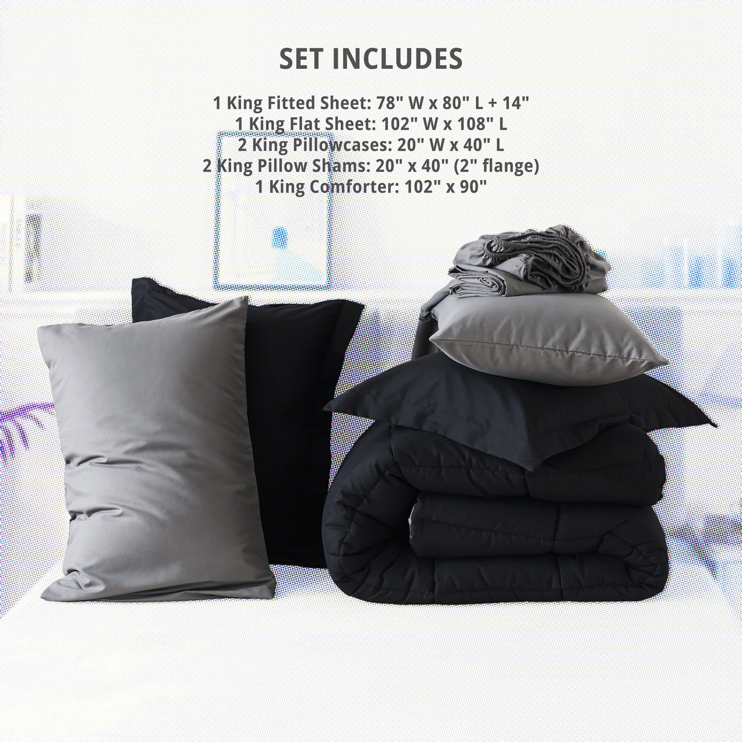 IGI King Size 7 Piece Comforter Set | Bed in a Bag for Unisex Adult | Black/Gray