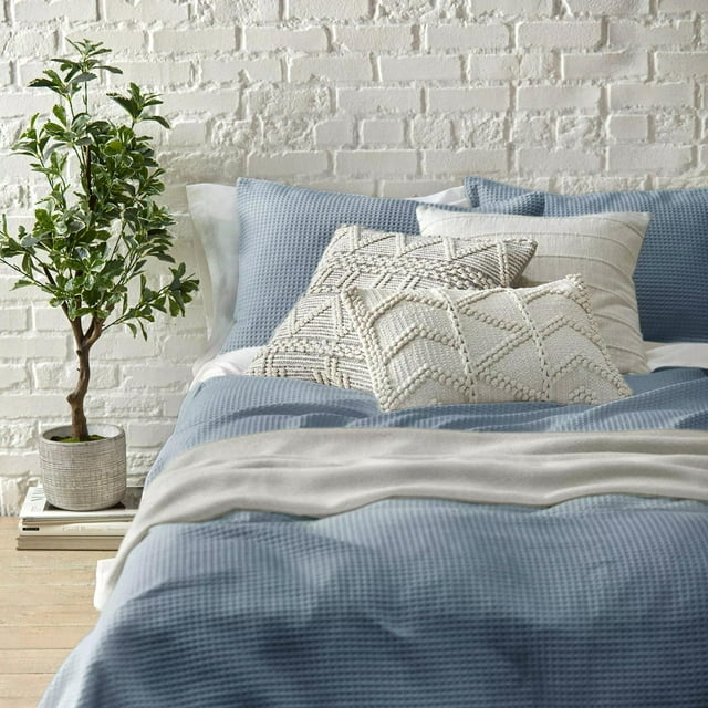Bouclair Bleu Collin Collection - Ensemble Housse de Couette 3 Pcs Très Grand Lit